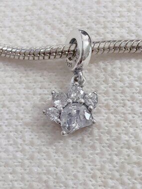Sparkling Paw Print Dangle Silver Charm For Pandora Bracelet Necklace